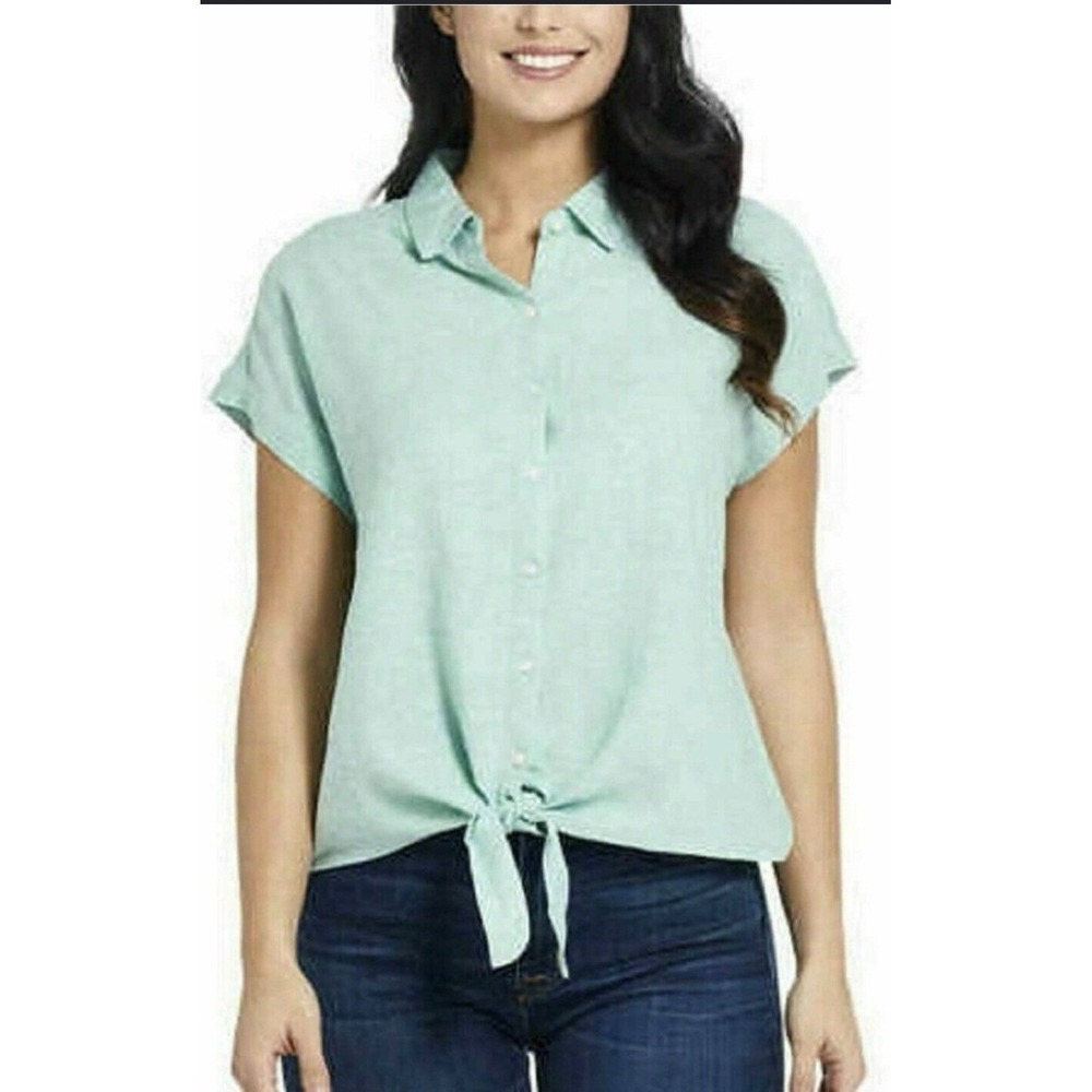 Weatherproof Vintage Womens Green Washable Linen Tie Front Button Up Shirt XL